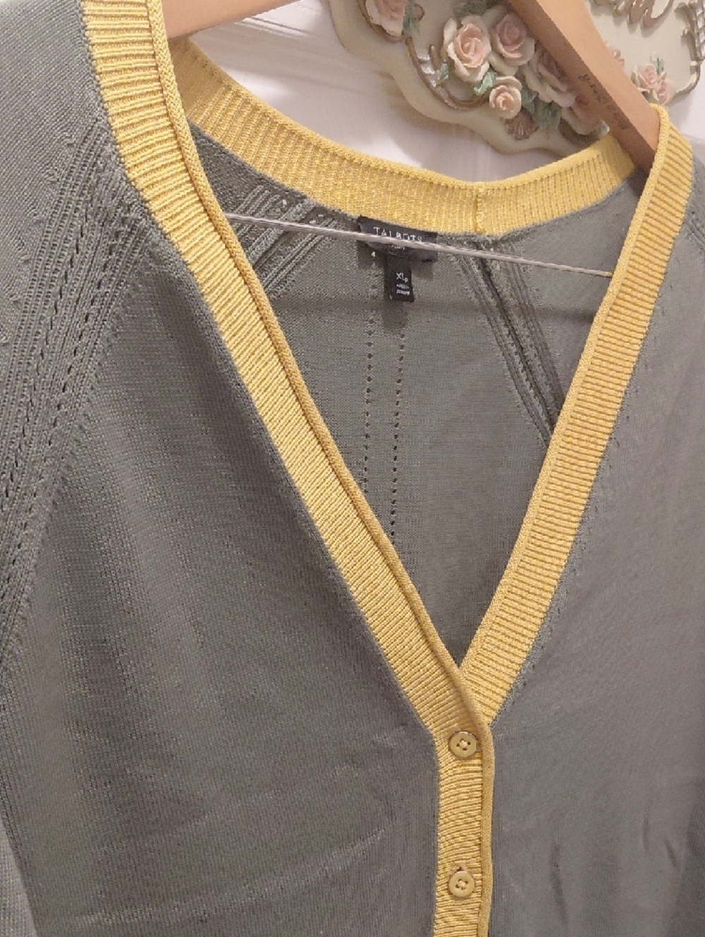 Talbots Olive Green V-Neck Cardigan with Yellow Trim and Navy Hem - Picture 2 of 7
